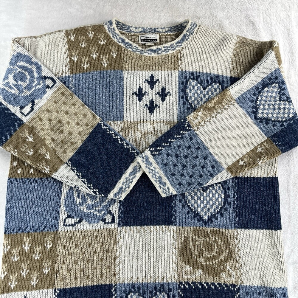 Vtg 80s Adele Knitwear Patchwork Sweater XL Blue Hearts Roses Cottagecore